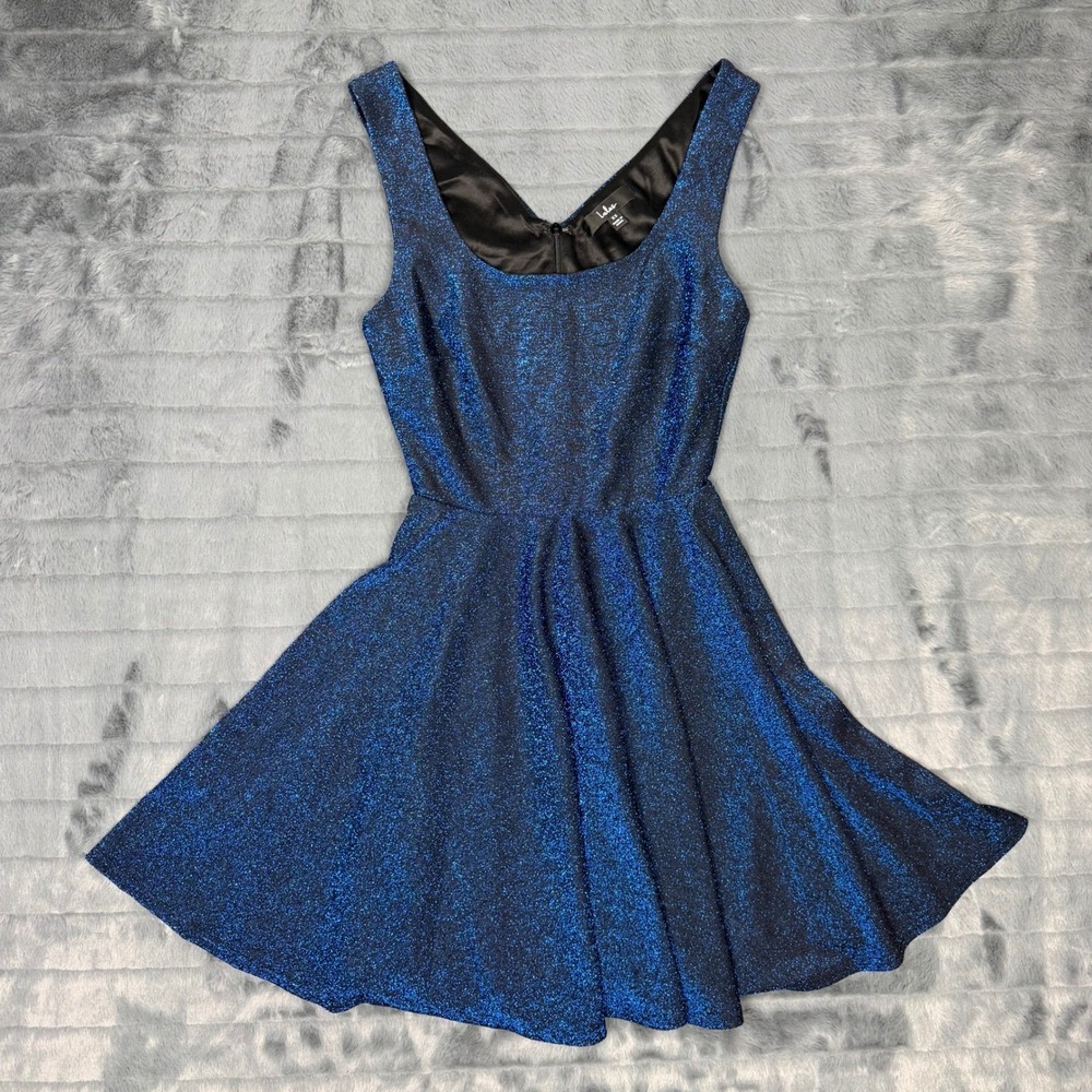 Lulus Blue Metallic Glitter Skater Dress XS Sleeveless Fit Flare V-Back Mini